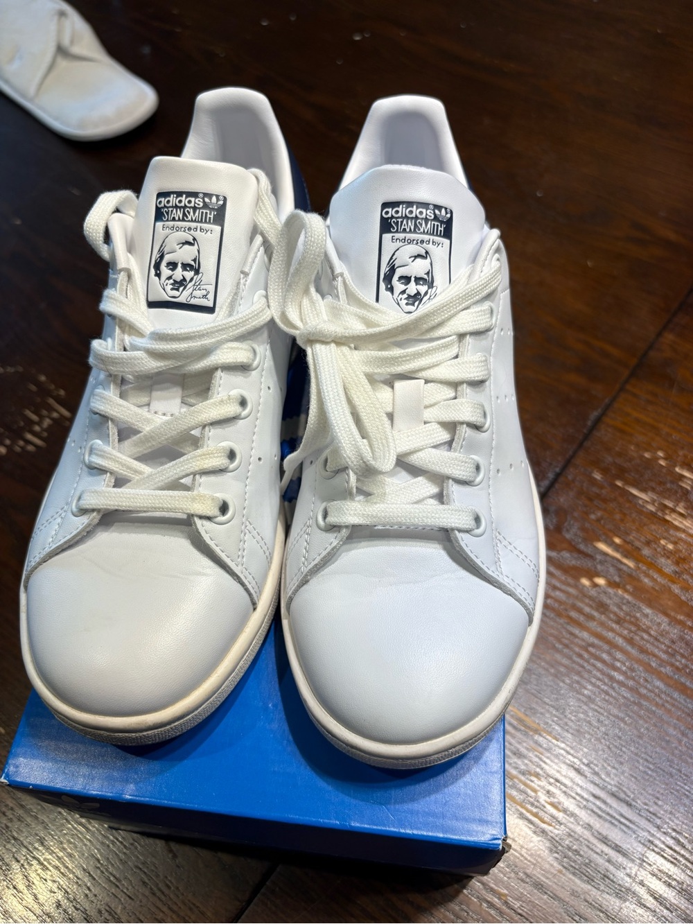 adidas White and Blue women’s Classic Leather Sneakers